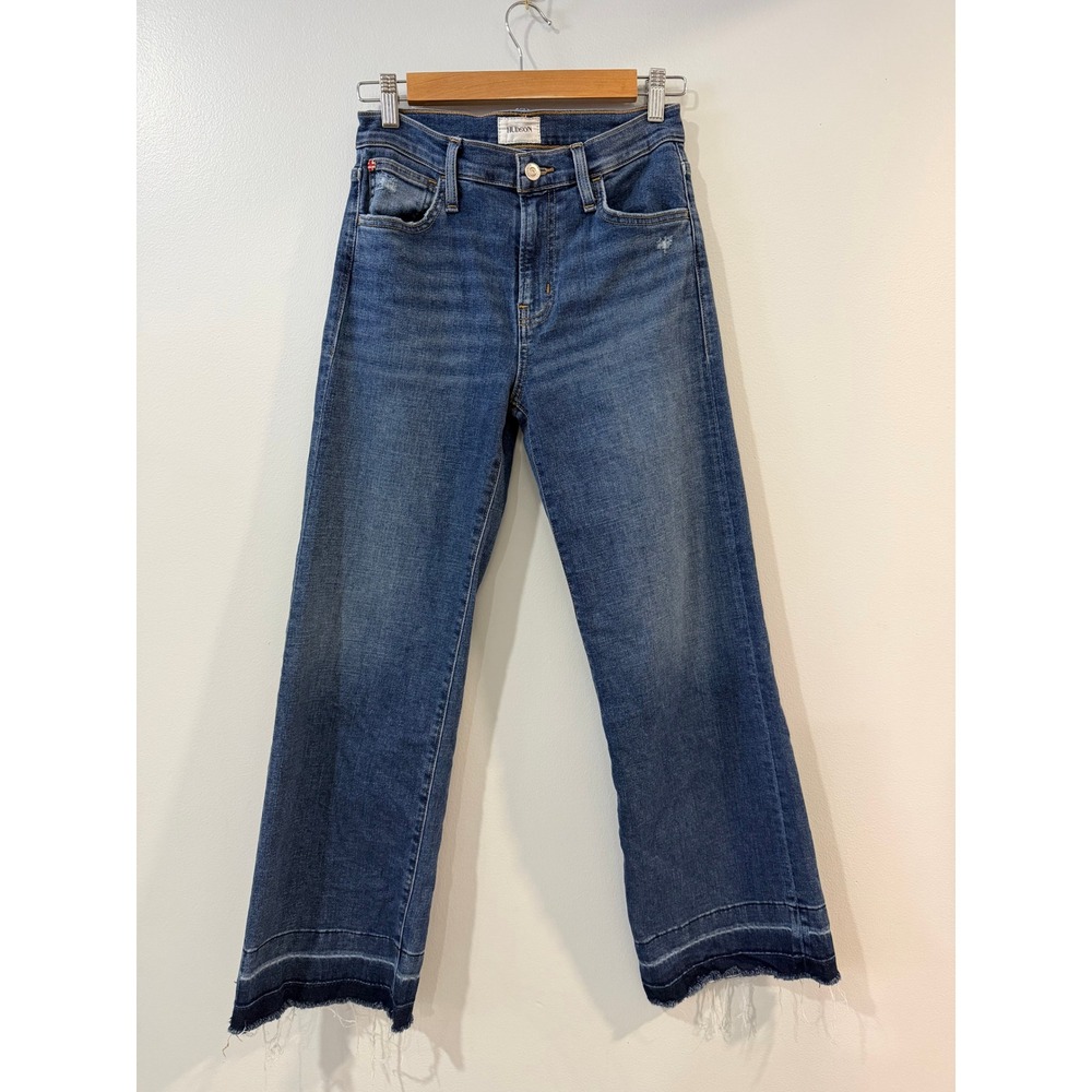Hudson Rosalie High Rise Wide Leg Crop Jeans Rockport Blue Raw Hem Size 25